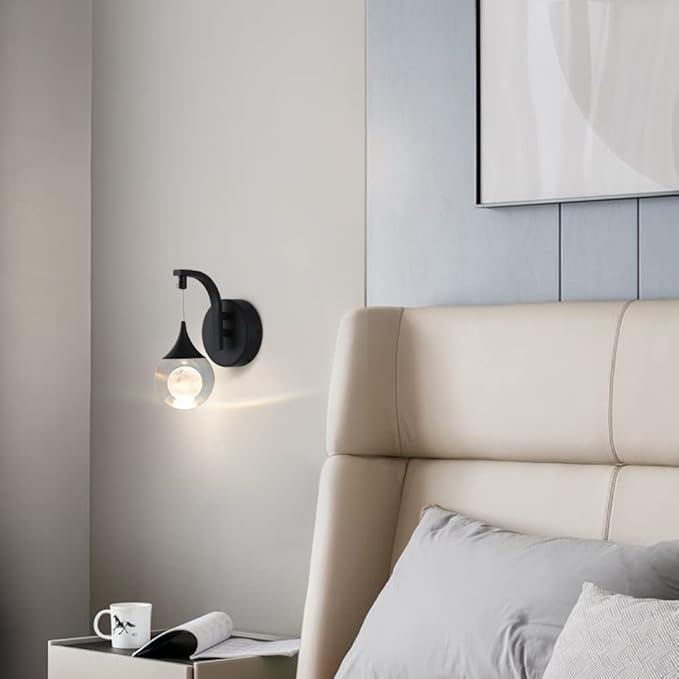 Sedelan Modern Wall Lamp Fixtures, Indoor Moon Crystal Wall Sconces, 5W LED Dimmable Wall Lights for Bedroom Bedside Living Room Corridor Hallway, Sand Black