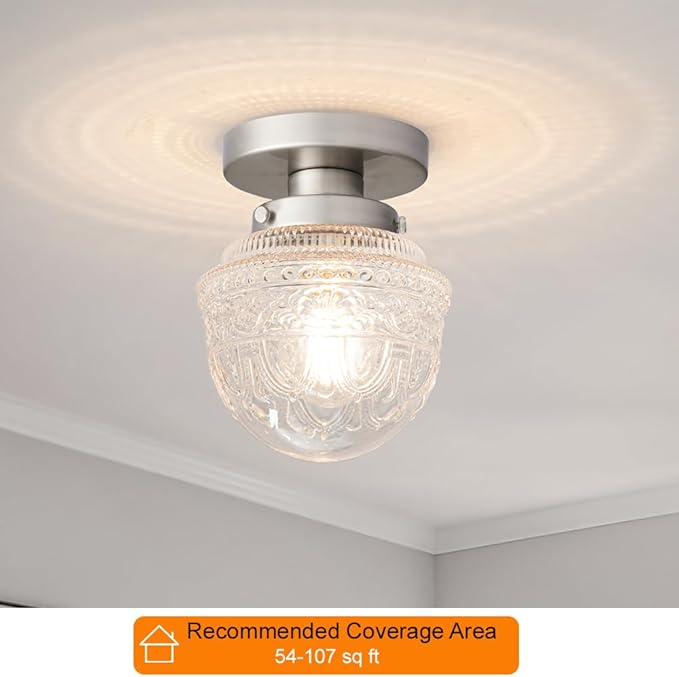 DSMJFU Brushed Nickel Semi Flush Mount Ceiling Light, Small Blowing Clear Glass Shade Ceiling Light Fixtures for Bedroom Closet Bathroom Hallway Kitchen