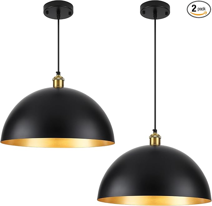 Black Vintage Pendant Light 16 Inch, Large Dome Pendant Lights Kitchen Island Adjustable Height Industrial Pendant Light Fixtures for Kitchen Dining Room Bedroom 2 Pack