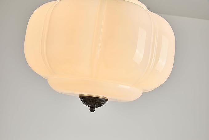 Milk Glass Ceiling Light Fixture, 15" Vintage Scallop Semi Flush Mount Pendant Light, Schoolhouse Light Fixture - Antique Chandelier for Kitchen, Hallway, Dining Room, White/Black