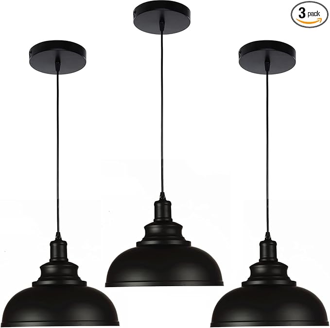 Black Dome Metal Pendant Lights - Hanging Ceiling Fixture for Industrial, Farmhouse Kitchen Island, Dining Room, Foyer (3 pack)