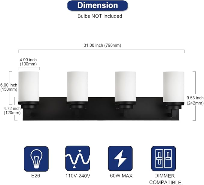TODOLUZ 4-Lights Bathroom Light Fixtures in Matte Black, Modern Opal White Glass Vanity Light E26 Bulb Base, Wall Mount Lighting for Bedroom Bath Living Room