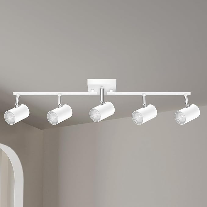 5 Light Track Lighting Fixtures Ceiling, Matte White Kichen Track Lighting, Rotatable Light Heads, Adjustable Modern LED Track Lights for Kitchen/Living Room/Hallway/Bar,GU10 Bulb Not Included