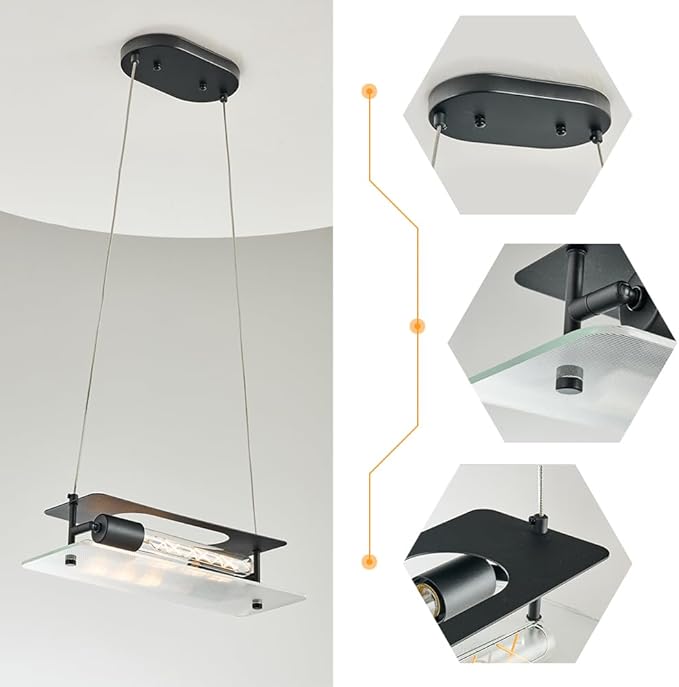 Black Linear Pendant Light, Adjustable Height Modern Chandelier with Glass Shade, Industrial Hanging Lighting Fixture for Kitchen Island, Dining Room, Cafe, Bar, Sink