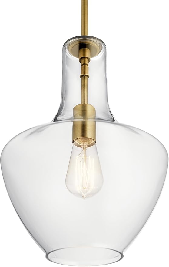 KICHLER Everly 15.25" 1-Light Bell Pendant with Clear Glass in Natural Brass, for a Kitchen Island, Dining Nook, or Home Bar, (15.25" x 10.5") 42456NBR