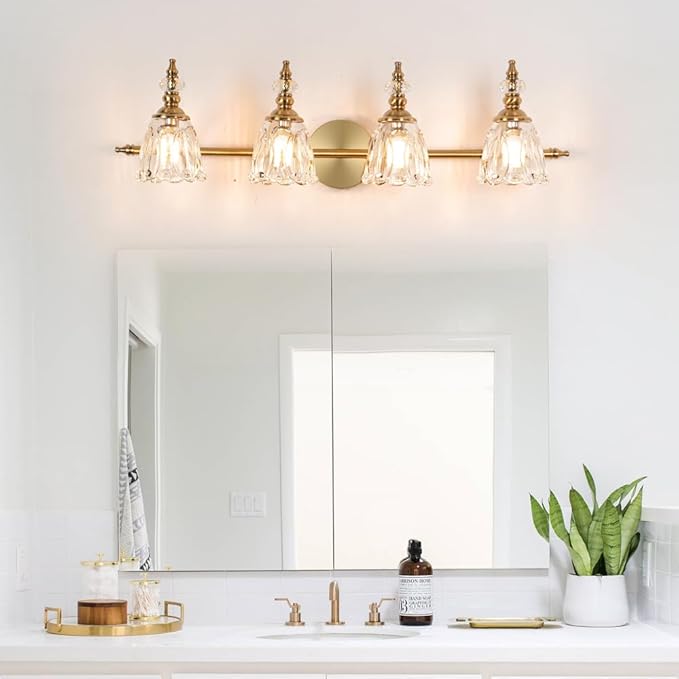 Brushed Antigue Brass Bathroom Light Fixtures 4 Lights, Antique Brass Vanity Light, Vanity Light Over Mirror, Vintage Bathroom Light with Clear Flower Glass, Lights for Wall Interior Hallway