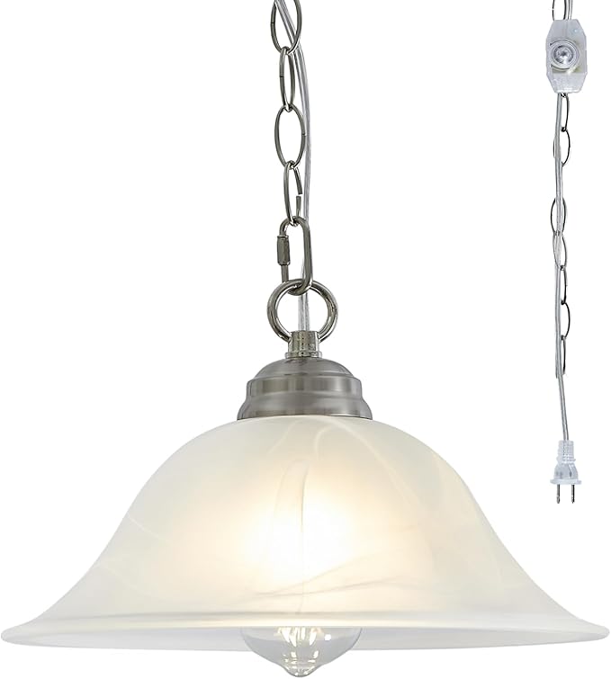 Plug in Pendant Light Alabaster Glass Shade 15.7" D Hanging Lamp with On/Off Switch,16.4Ft Cord & 14.7Ft Chain Dimmable Brushed Nickel Swag Light Fixture for Kitchen Sink Bar Nook