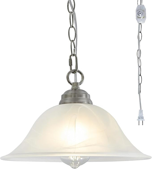 Plug in Pendant Light Alabaster Glass Shade 15.7" D Hanging Lamp with On/Off Switch,16.4Ft Cord & 14.7Ft Chain Dimmable Brushed Nickel Swag Light Fixture for Kitchen Sink Bar Nook