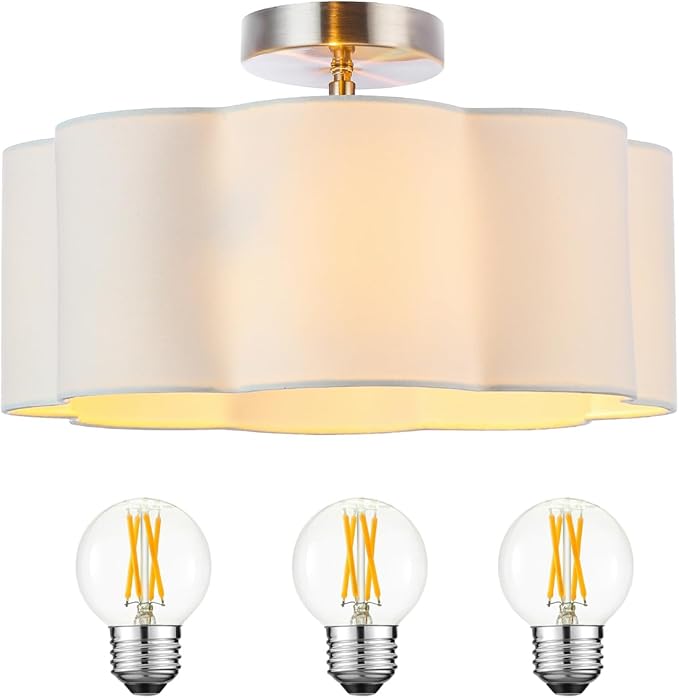 Newrays 3-Light Semi Flush Mount Ceiling Light Fixture, Fabric Shade Modern Close to Ceiling Lamp for Nursery Kids Room Bedroom Kitchen Hallway Entryway with 3PCS LED Bulbs (White)
