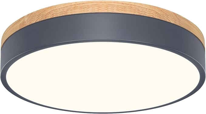 WOKNOS Dimmable Wood Oak Ceiling Light Fixture Modern Gray LED Flush Mount Ceiling Light 5CCT Minimalist Circle Close to Lighting Fixture for Bedroom Kitchen Bathroom Laundry Room 11.81 Inch