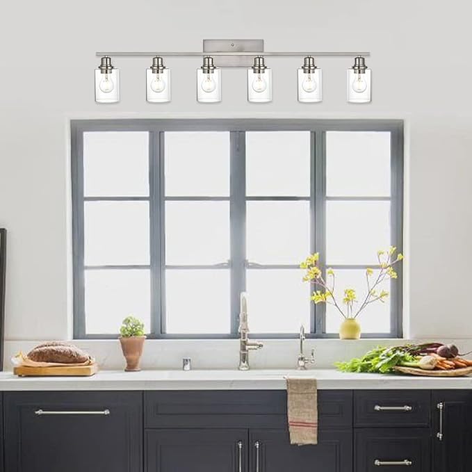 VINLUZ 6 Light Bathroom Lighting Fixture in Brushed Nickel Finish,Classic Metal Wall Mounted Lamp Over Mirror with Clear Glass Shade Industrial Vanity Light