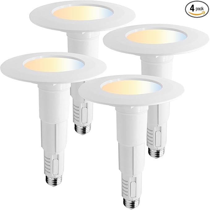 Jolux 4 Inch Adjustable 5CCT LED Can Light Retrofit, 2700K-5000K CCT Selectable, 6W=40W 500LM, Dimmable E26 Base, Bevel Trim, Recessed Lighting for Home Kitchen Bedroom, 4-Pack
