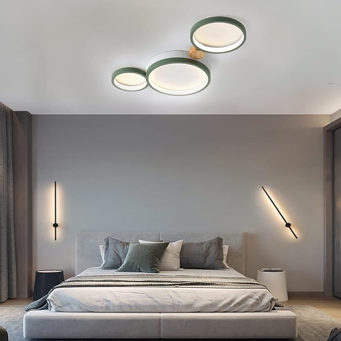 3-Lights LED Ceiling Light Fixture,22 Inch Modern Ceiling Lights Flush Mount Wooden 20W Dimmable Chandelier for Living Room Bedroom Kitchen,3000K/4000K/6000K Temperatures Selectable Green