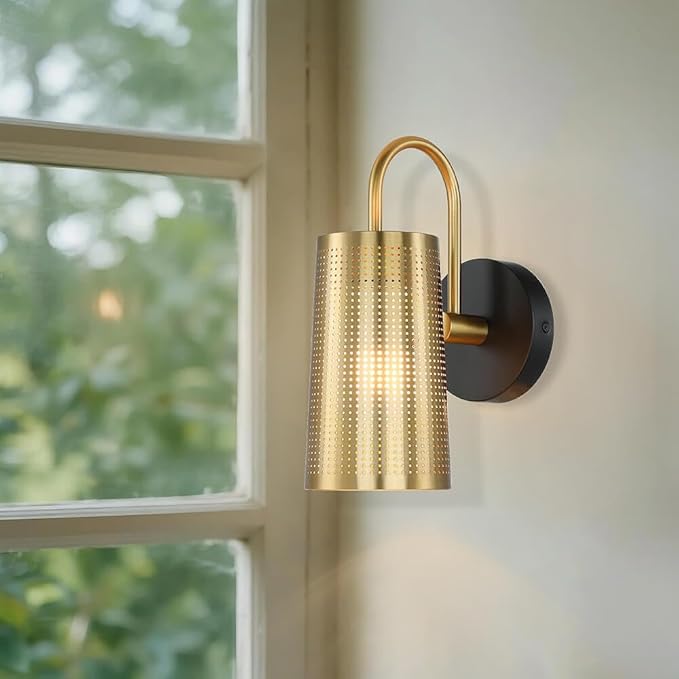XiNBEi Lighting Wall Sconce Black Gold Bathroom Light Fixture with Cone Iron Shade, Modern Hardwired Sconce Lights Indoor Wall Lamp for Bedroom Bathroom Hallway XB-W430-BS