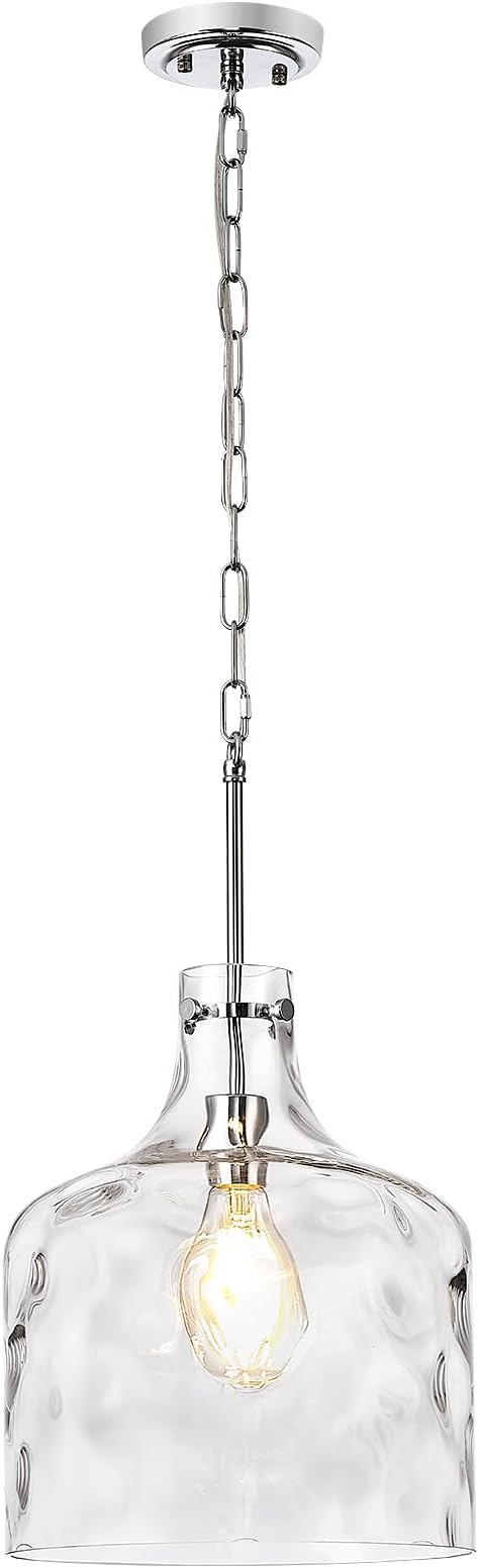 CATINER Extra Large 16" Vintage Farmhouse Pendant Light – Hand-Blown Clear Hammered Glass Shade, Adjustable Chain Hanging Light for Kitchen Island, Hallway, Dining Room, Chrome
