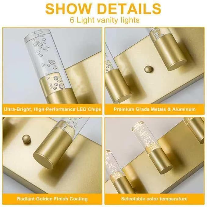 Bathroom Vanity Light Fixtures Over Mirror, Brushed Golden Finish Coating, 6 Light Wall Sconces for Bathroom