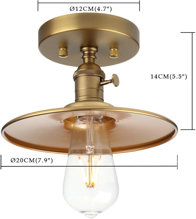 Phansthy Ceiling Light Fitting E26 Vintage Metal Shade Hanging Semi Flush Mount Pendant Lamp, Industrial Edison Ceiling Light Fixtures for Kitchen Bedroom Hallway Loft (Flat Metal Shade -Antique)