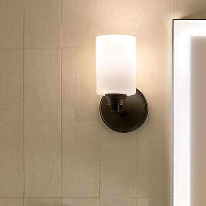Kichler Gioe 5" 1-Light Wall Sconce Bathroom Light Fixture with Opal Glass in Black, Damp Rated for Powder Room, Kitchen, Hallway, Bedroom (5" x 9.5" x 5"), 55224BK