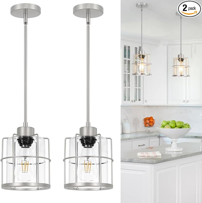 Modern Brushed Nickel Pendant Light Set of 2, Kitchen Island Pendant Light with Cylinder Clear Glass, Farmhouse Adjustable Hanging Light for Kitchen Island Dining Room Hallway