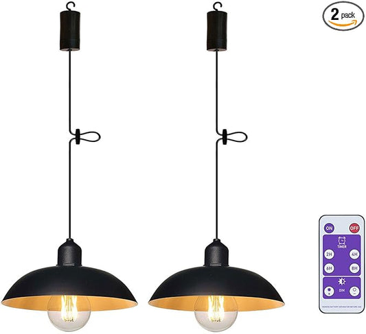 2X Battery Operated Outdoor Chandelier for Gazebo Pendant Light Industrial Hanging Lamp with Remote Decorative Lights Indoor Lantern Powered by 4*AA Batteries for Porch Pavilion Camping