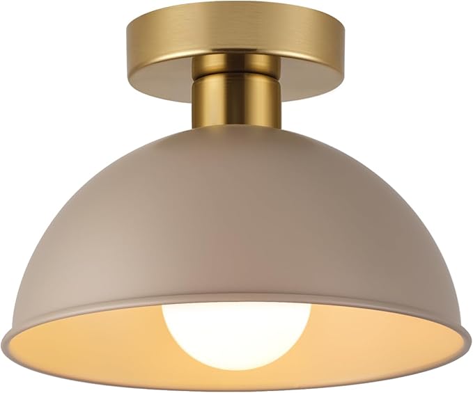 Industrial Semi Flush Mount Ceiling Light with Gold Plate and Brown Shade, Farmhouse Ceiling Light Fixture for Kitchen Island Dining Room Foyer Hallway Porch Barn Loft，10in