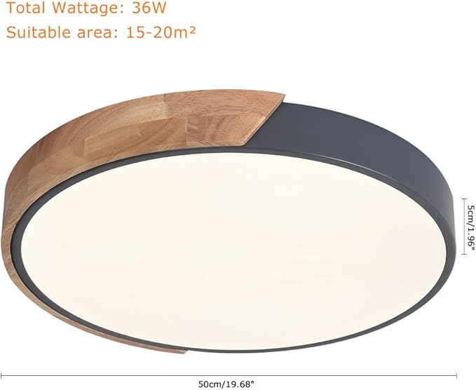 EDISLIVE Ceiling Light Dimmable 19 inch Modern Minimalist LED Round Shaped Wood & Metal & Acrylic Flush Mount Ceiling Light with Remote Control Gray