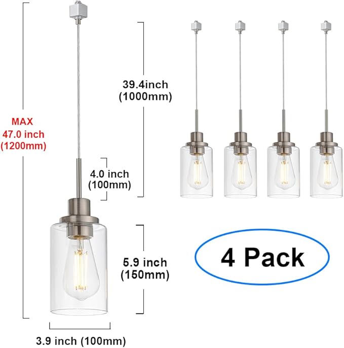 MELUCEE 4 Packs H Track Pendant Lighting Brushed Nickel Ceiling Hanging Lamp Track Lighting Fixtures Pendant with Clear Glass Shades, Compatible with H Type Track Lighting Rail, E26 Socket