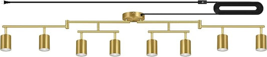 Track Lighting Plug in, LED Track Lighting Fixtures Ceiling Kit, Gold 8-Light Ceiling Light Plug-in, Wall Light with 15ft Power Cord, Rotatable Kitchen Spotlight for Bedroom(GU10 Socket, NO Bulb)