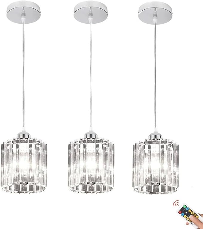 Rechargeable Wireless Battery Operated Pendant Light with Bulb & Remote, Battery Powered Pendant Lamp Cordless Crystal Glass Chandelier Ceiling Hanging Lighting for Kitchen Island Dining Table Bedroom