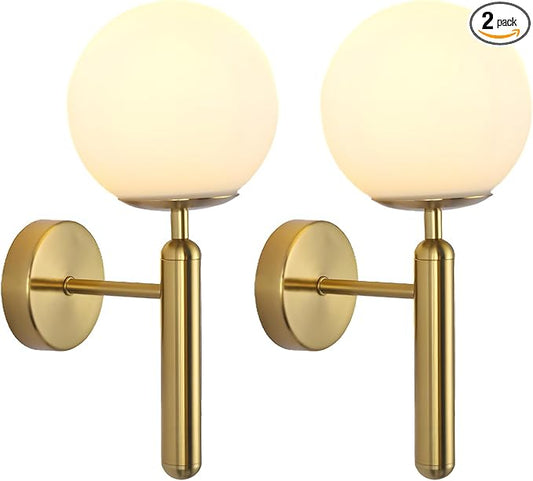 KCO Lighting Brass Wall Sconces Set of Two Milk Glass Globe Wall Light Brushed Gold Wall Sconce Modern Bathroom Wall Light Fixtures Mid Century Bedside Sconces Set of 2