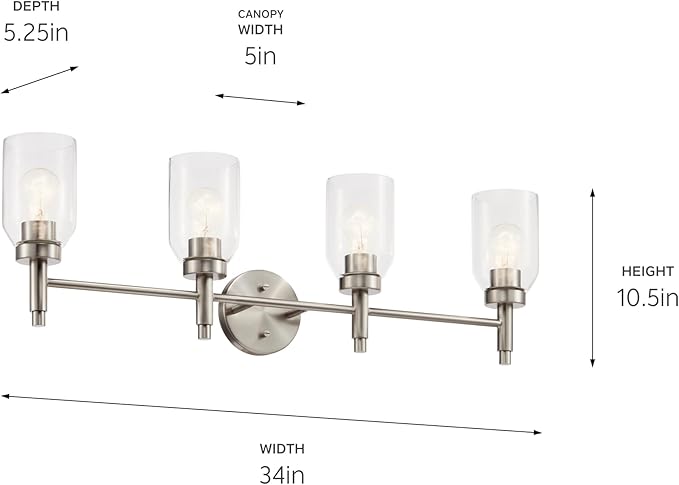 Kichler Madden 4-Light Bathroom Vanity Light Fixture with Clear Glass in Brushed Nickel, Modern Wall Mount for Single or Double Vanity Over Mirror (10.5" x 34"), 55186NI