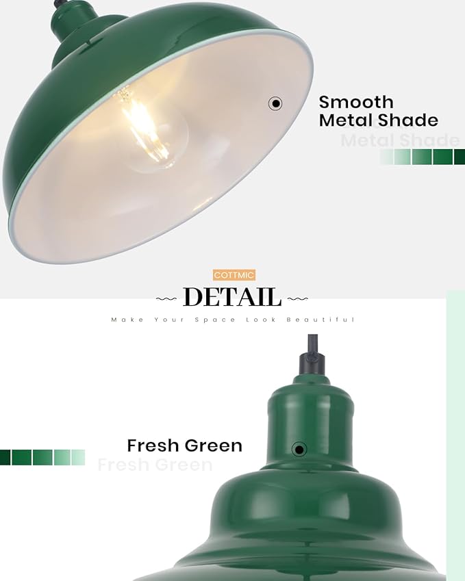 Green Pendant Light, Modern Pendant Light, 11.4in Farmhouse Pendant Lights Kitchen Island 2 Pack, Adjustable Height, Industrial Pendnat Lighting for Dining Room, Living Room, Hallway