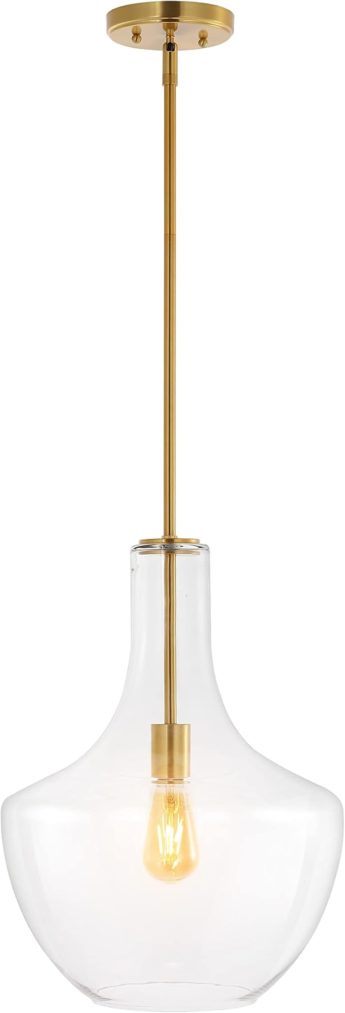 JONATHAN Y 13.25" Brass Gold/Clear Mid-Century Modern 1-Light LED Pendant Light Fixture, Adjustable Schoolhouse Hanging Lamp for Kitchen Island, Clear Glass Shade, LED Bulb Included (JYL6401C)