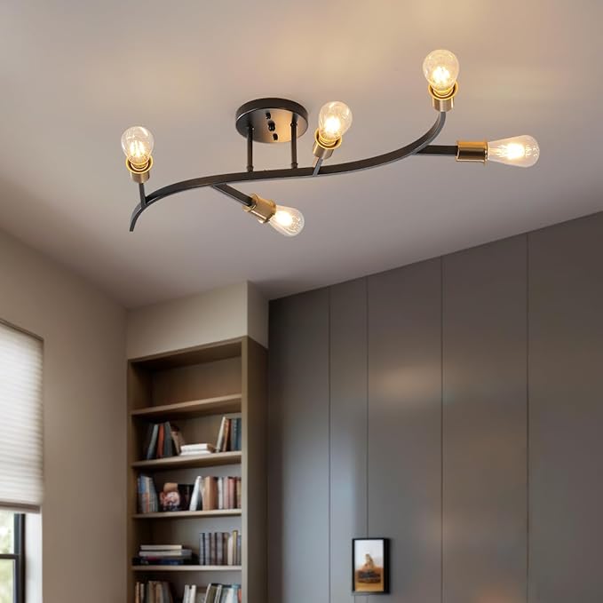 Modern Sputnik Semi Flush Mount Ceiling Light Fixture Black and Gold,5-Lights Mid Century Sputnik Chandelier for Dining Room,Kitchen,Hallway,Laundry Room,Bedroom(Bulbs Not Included)