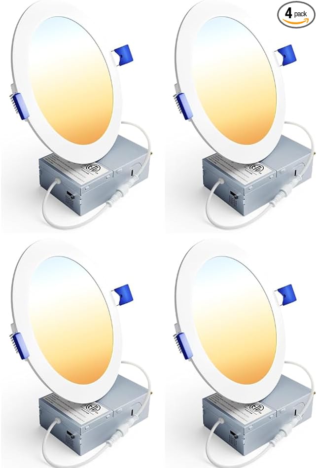 4 Pack 6 Inch LED Recessed Light, Dimmable, Damp Rated, 5CCT Selectable, 12W 1200LM, 120V, Silm Canless Wafer Ceiling Light, ETL&FCC