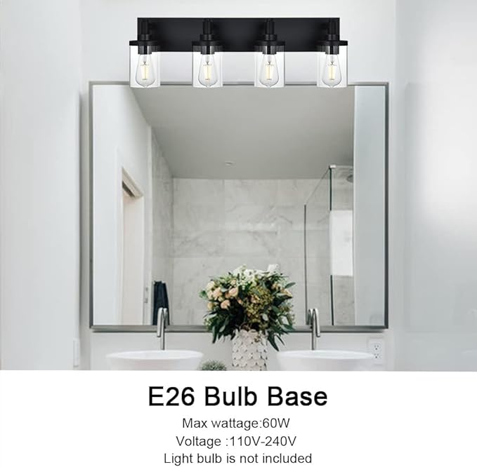 Modern Vanity Lighting, 4 Lights Bathroom Light Fixtures Over Mirror with Clear Class Shade Industrial Matte Black Wall Sconce for Powder Room Living Room, Bedroom Hallway Farmhouse