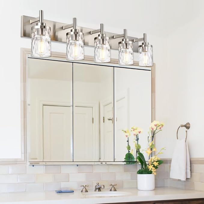 Bathroom Vanity Lighting Fixtures 5 Lights,Brushed Nickel Bathroom Vanity Lights with Clear Hammered Shade Wall Sconce Lighting Modern Farmhouse Bath Lighting