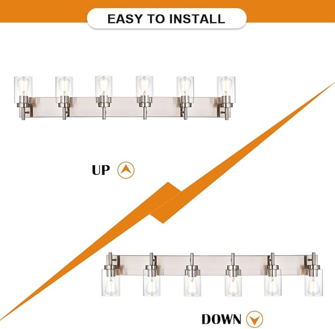 VINLUZ Bathroom Vanity Light Fixture Brushed Nickel with Clear Glass 6-Light Modern Wall Lighting Industrial Indoor Sconces Wall Mounted Lamp for Bedroom Kitchen (Patent No.: US D958,438 S)