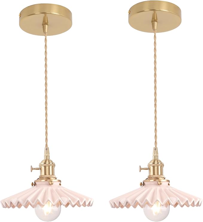 Shenmoyl Pendant Light 2 Pack with Pink Pleated Ceramic Lmapshade, Brass Vintage Pendant Light Adjustable Hanging Light for Kitchen Island Dining Room Hallway