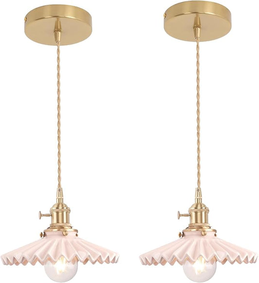 Shenmoyl Pendant Light 2 Pack with Pink Pleated Ceramic Lmapshade, Brass Vintage Pendant Light Adjustable Hanging Light for Kitchen Island Dining Room Hallway
