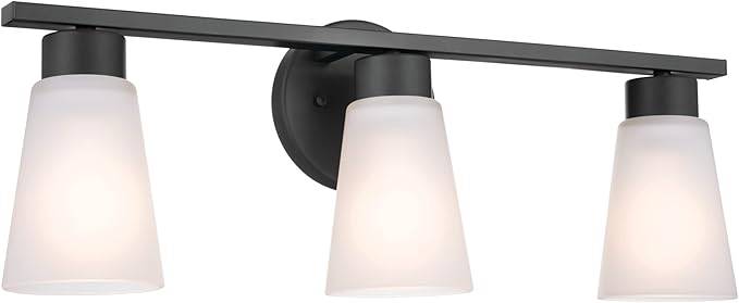 Kichler Stamos 3-Light Bathroom Vanity Light Fixture with Satin Etched Glass Shades, 22 in Modern Wall Light in Black for over Mirror (22 in x 5 in x 8 in), 52608BK