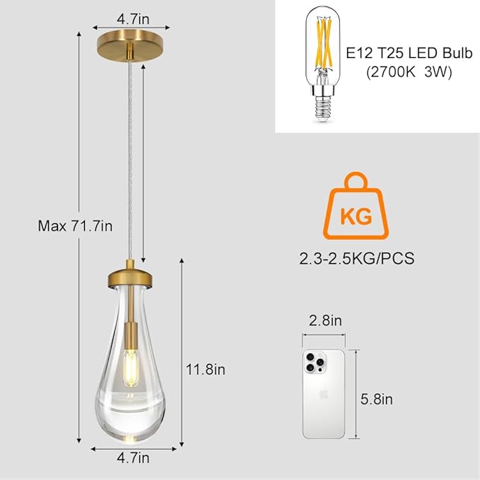 Raindrop Pendant Light Set of 2, Gold 4.7in Clear Glass Teardrop Pendant Lights for Kitchen, Modern Pendant Lights Kitchen Island for Dining Room, Bathroom, Hallway, Adjustable Cord, Bulb Included