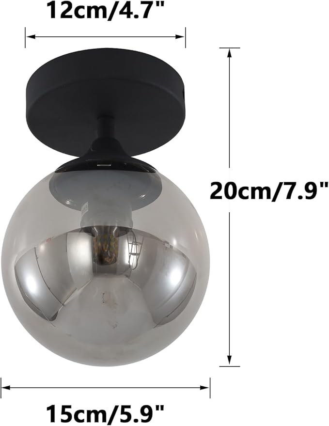 KCO Lighting Mid Century Modern Black Semi Flush Mount Ceiling Light Smoke Grey Globe Glass Ceiling Light Industrial Hallway Close to Ceiling Lights for Porch Bedroom Living Room