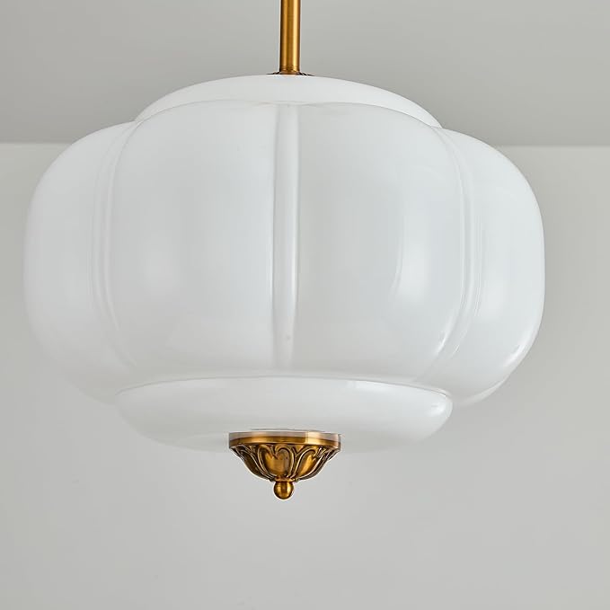 15-Inch Vintage Semi Flush Mount Ceiling Light, Milk Glass Chandelier with Antique Brass Finish, Mid Century Modern Schoolhouse Pendant Light Fixtures for Kitchen, Hallway, Dining Room
