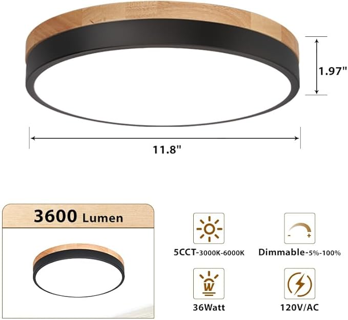 11.8 inch Wood Led Flush Mount Ceiling Light, Dimmable, 5CCT 3000K-6000K Selectable, 36W, 3600LM, Round Modern White Light Fixture Ceiling Mount for Bedroom, Laundry Room,Kitchen, Hallway, Black