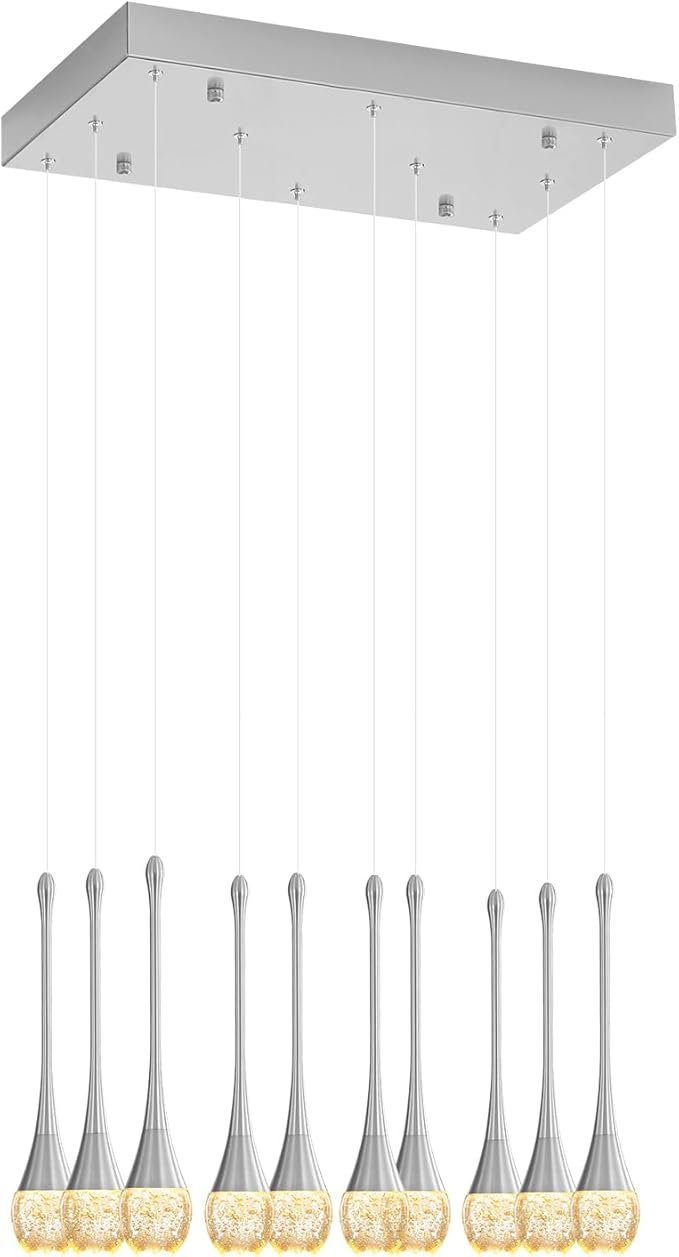 ykolupty Rectangular Chandeliers for Living Room Silver Dining Room Lights Fixture Raindrop Pendant Lights Kitchen Island Crystal Chandelier for Staircase Hallway Foyer Entryway