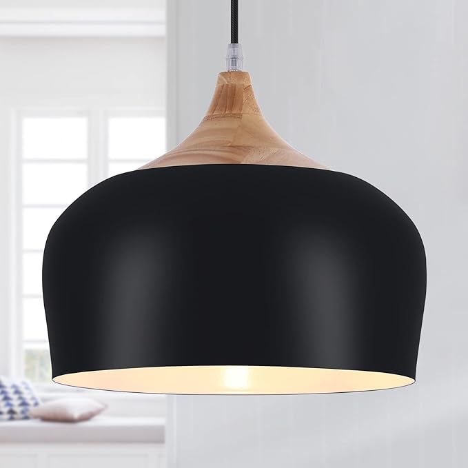 Modern Pendant Lights,Wooden Dome Pendant Light Fixture,Adjustable Hanging Pendant Lighting Chandelier Lamp for Kitchen Island,Dining Room,Hallway,Foyer,Bedroom(Black)