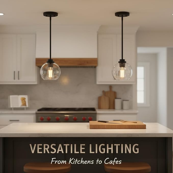 Globe Pendant Light – 7 Inch Clear Glass Modern Hanging Fixture, Black Finish Adjustable Height & Sloped Ceiling Compatible for Kitchen Island Dining Room Bedroom Hallway Farmhouse, 1 Pack