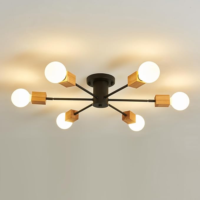 Semi Flush Mount Wood Ceiling Light Fixture 6-Lights Rustic Wooden Sputnik Chandelier Farmhouse Ceiling Lighting Oak and Black with E26 for Dining Room Bedroom Kitchen Lighting Fixture.