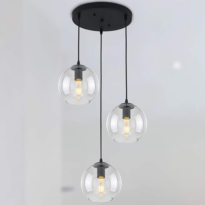 Globe Pendant Light, Modern Hanging Lighting Fixture, Classic Cluster Chandelier with Clear Glass Shades(Black, 3 Lights, 11.8 Inch)